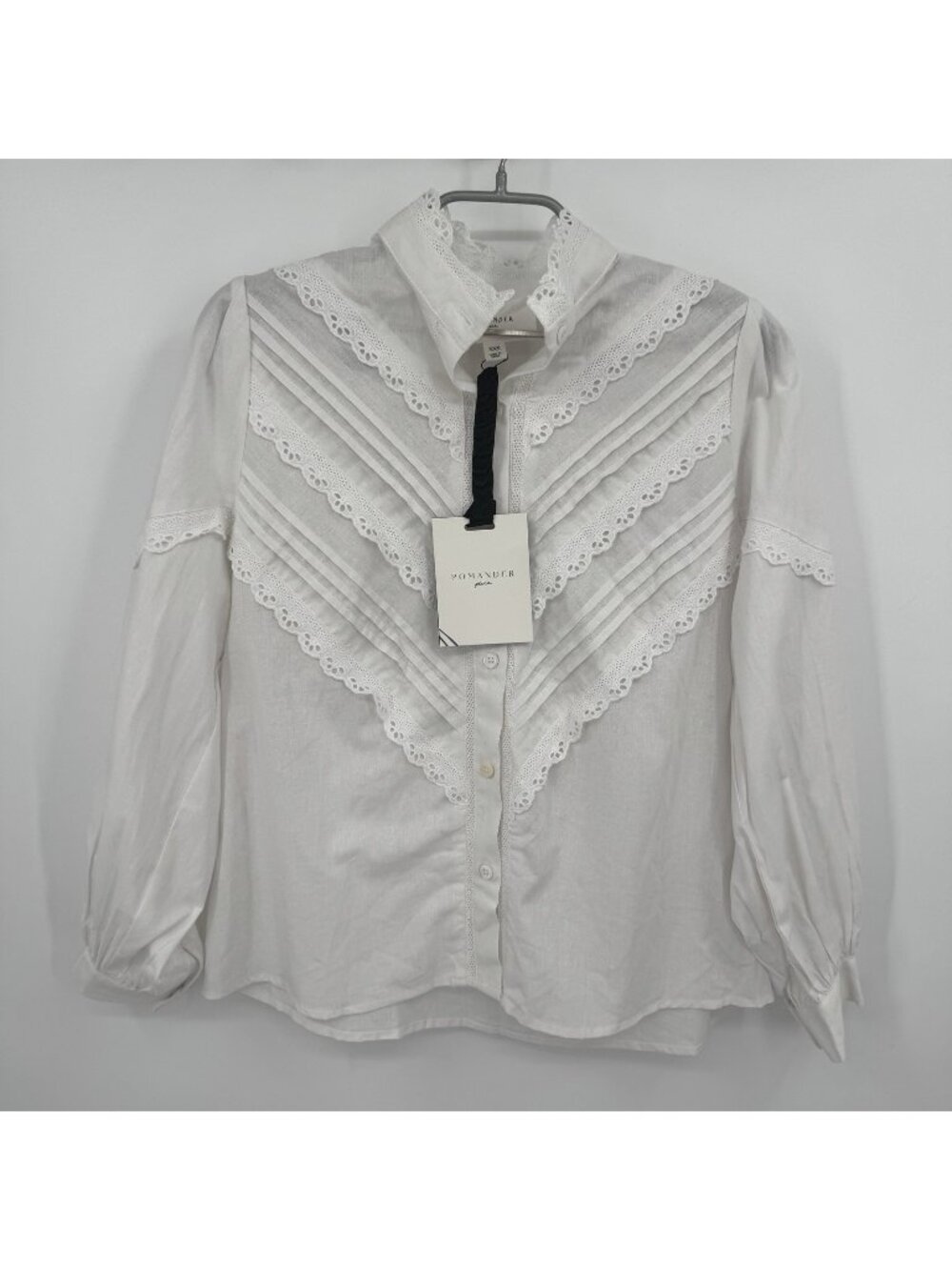 Pomander Place by Tuckernuck White Jolene Lace Pleated Long Sleeve Shirt XXS 2XS